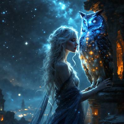 The primary subject of the image is a woman with long blonde hair, who is standing next to a blue owl. The setting appears to be a nighttime scene with a cityscape in the background. The visual style of the image is a digital art or illustration, featuring a detailed and vibrant representation of the woman and the owl. The colors and mood of the image are predominantly blue and serene, creating a sense of calmness and wonder.